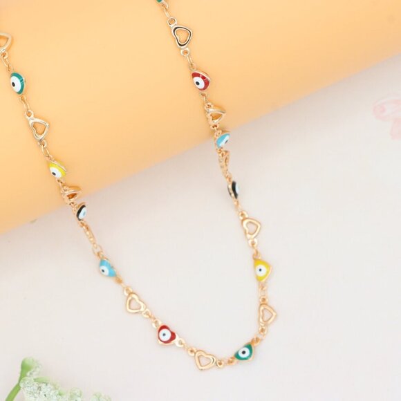 Rose Gold Plated Heart & Multicolor Evil Eye Necklace, XPNL0276 - Picture 8 of 12